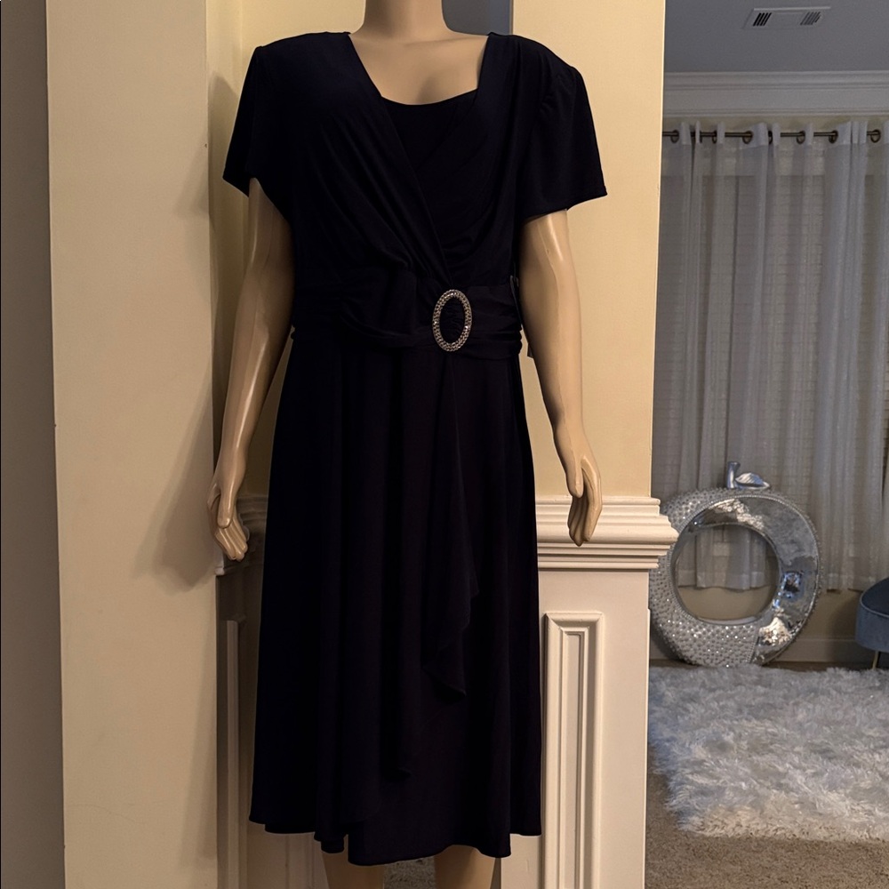 R&M Richards Navy Midi Dress with Embellished Waist